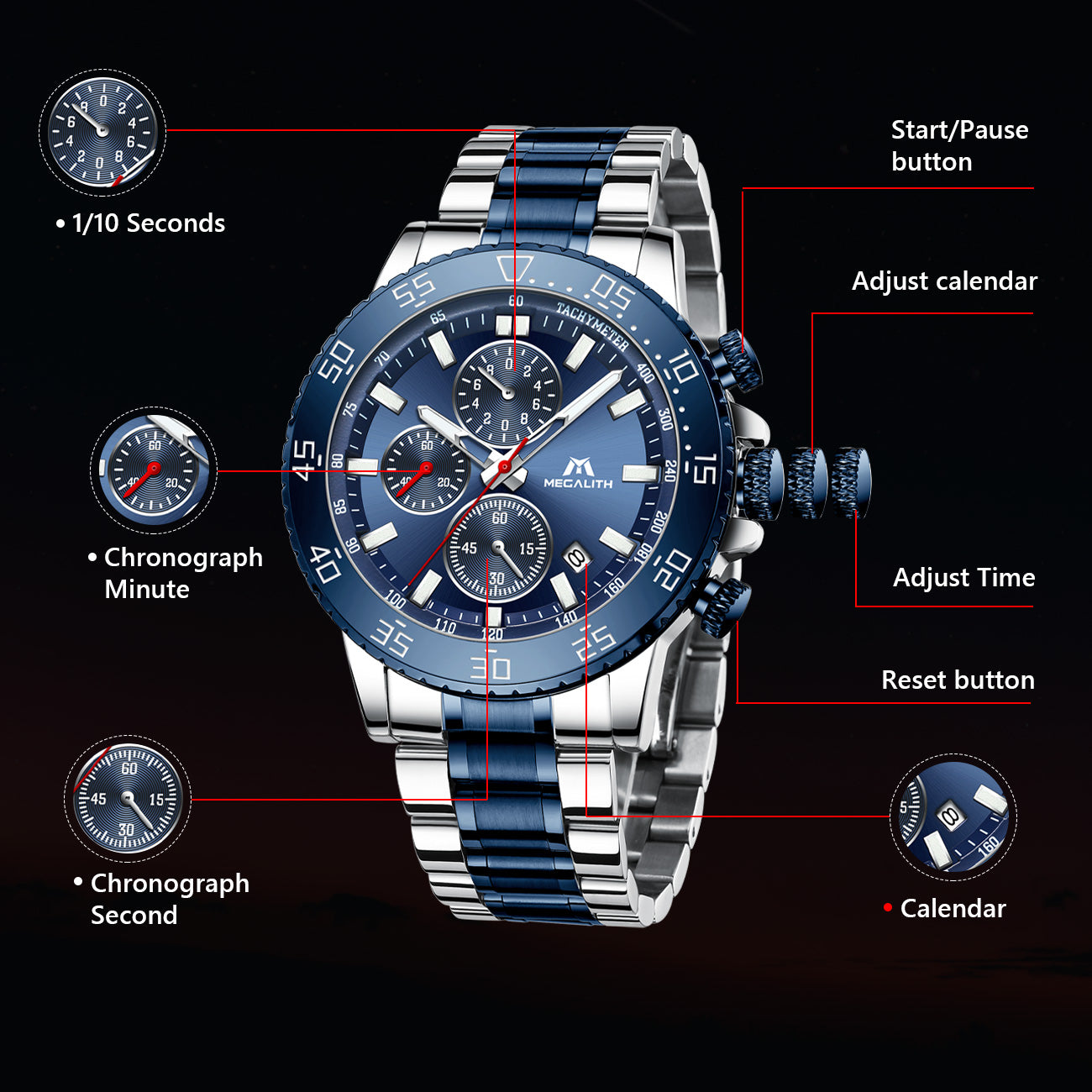 MEGALITH Mens Watches Men Chronograph Blue Large Face Designer Dress W –  megalith watch